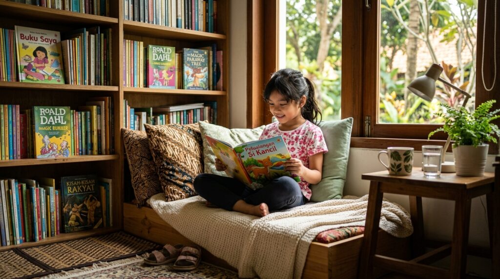 Kanak-kanak membaca selepas berehat dalam suasana rumah yang tenang