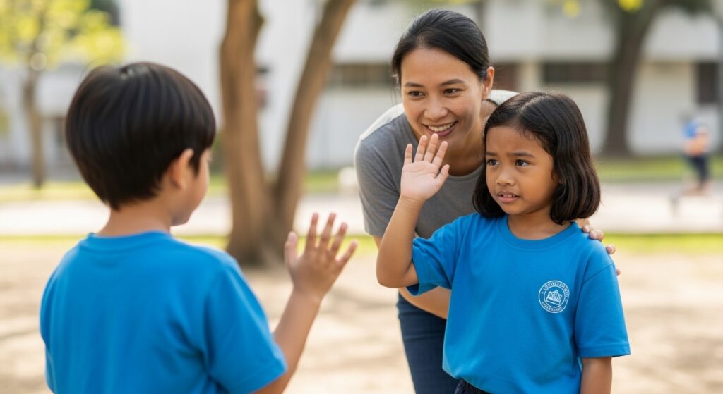 Anak Asia memberi salam atau melambai kecil kepada seorang kawan baru dengan galakan lembut daripada ibu bapa.