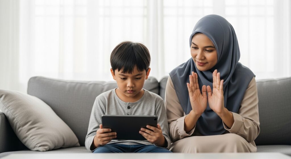 Anak Asia masih terpaku pada tablet selepas bermain game, ibu bapa cuba ajak berhenti dengan tenang.