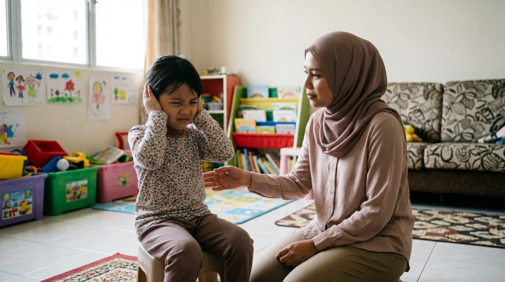 Anak Asia kelihatan tidak selesa di ruang yang agak bising dan terang, sambil ibu bapa menenangkan dengan lembut.