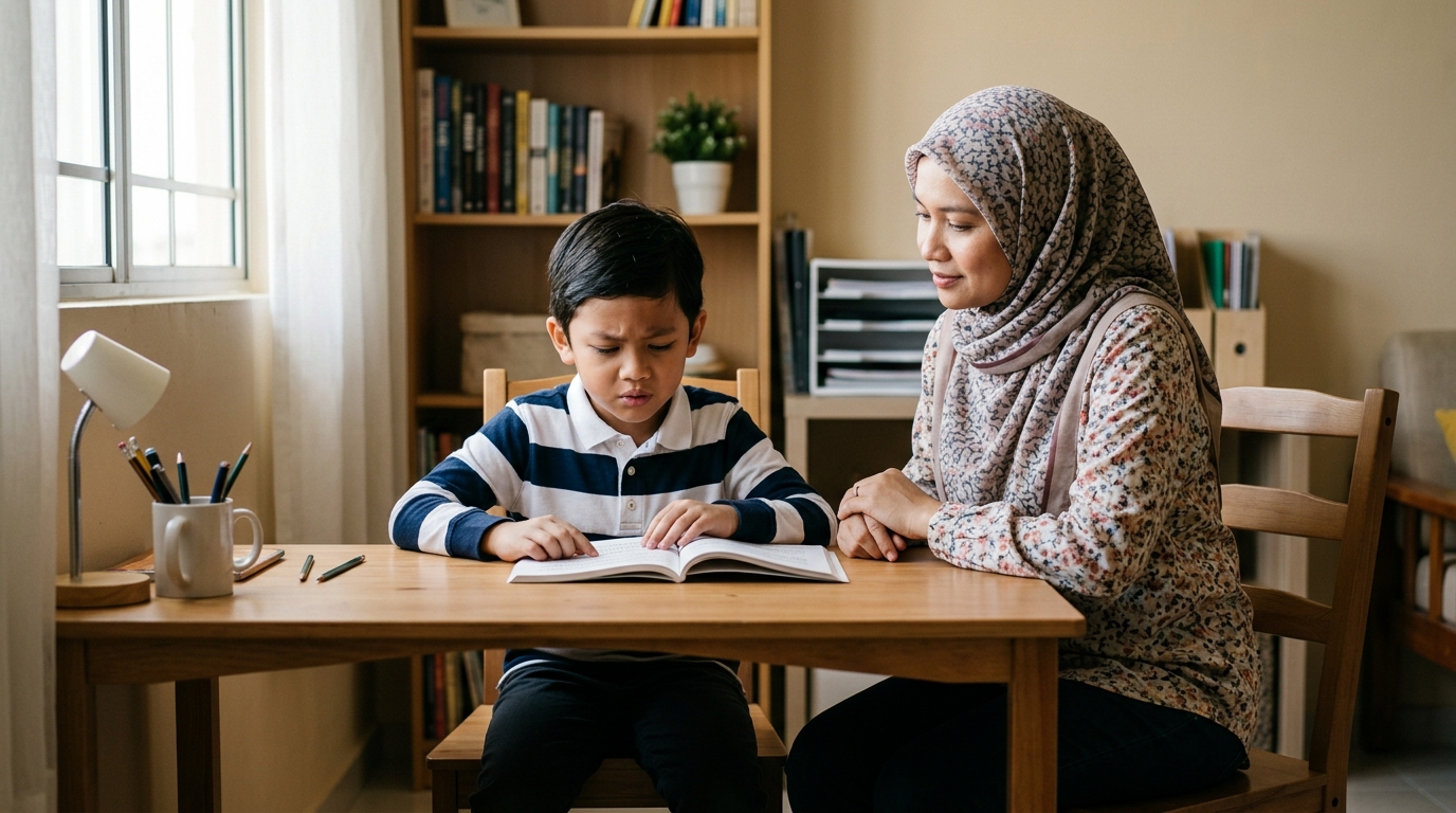 Anak Asia membaca buku di meja dengan wajah tegang dan banyak berhenti, ibu bapa memerhati dengan tenang.