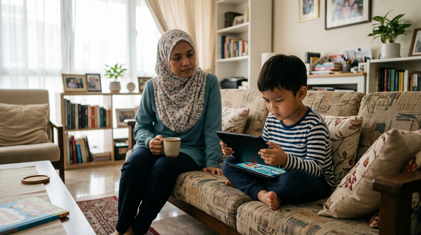 Anak Asia kelihatan tegang dan terlalu fokus pada skrin, manakala ibu bapa memerhati dengan tenang di ruang tamu rumah.