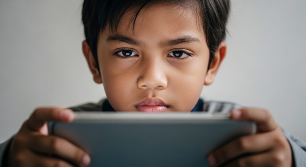 Close-up wajah anak Asia dengan mata letih dan fokus tegang sambil memegang telefon/tablet, suasana rumah tenang.