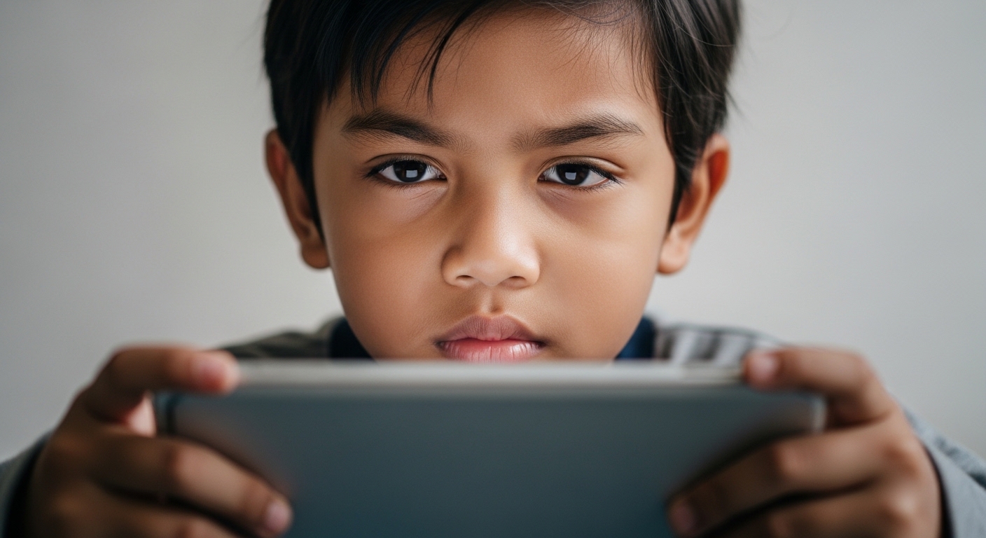 Close-up wajah anak Asia dengan mata letih dan fokus tegang sambil memegang telefon/tablet, suasana rumah tenang.