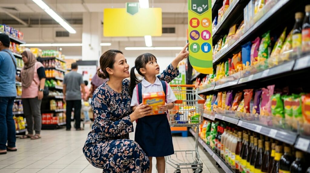 Ibu membantu anak membaca label dan papan tanda di pasar raya