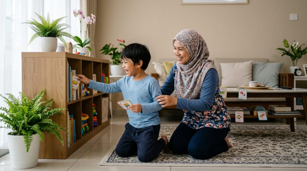 Ibu bapa Asia bermain aktiviti mencari kad perkataan bersama anak di ruang tamu, anak kelihatan seronok dan aktif.