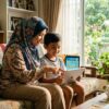 Ibu bapa membimbing anak menggunakan tablet secara bertanggungjawab