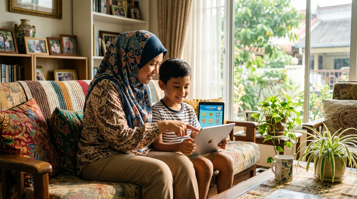 Ibu bapa membimbing anak menggunakan tablet secara bertanggungjawab