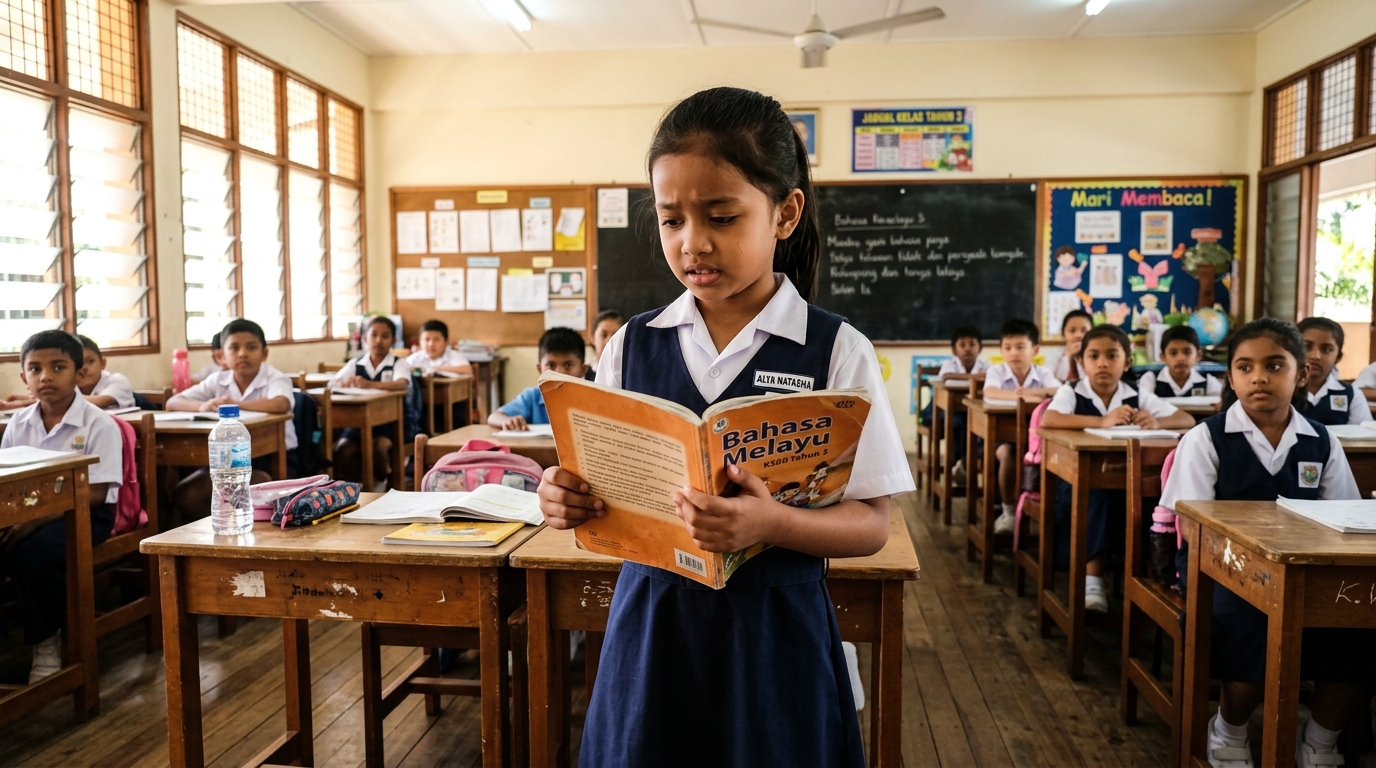 Kanak-kanak kelihatan malu dan gugup ketika diminta membaca di hadapan kelas
