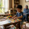 Kanak-kanak melakukan aktiviti pembelajaran dan permainan di dalam rumah