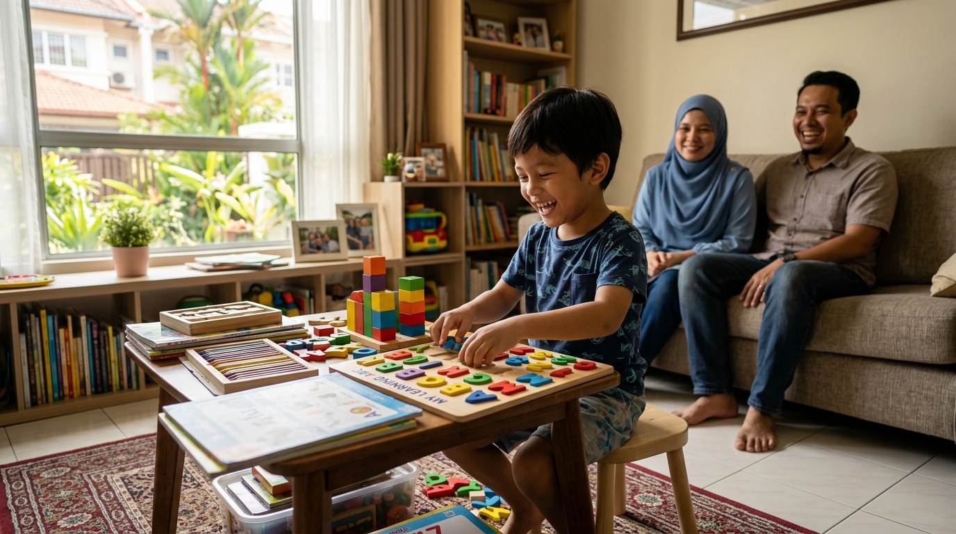 Kanak-kanak melakukan aktiviti pembelajaran dan permainan di dalam rumah