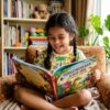 Kanak-kanak gembira membaca buku cerita dalam suasana rumah yang cerah