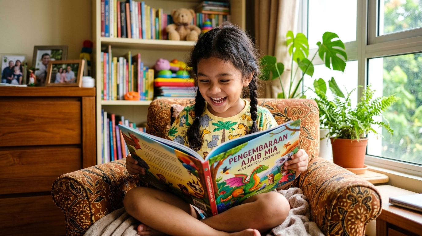 Kanak-kanak gembira membaca buku cerita dalam suasana rumah yang cerah