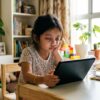 Kanak-kanak terlalu fokus pada tablet dalam suasana rumah yang cerah