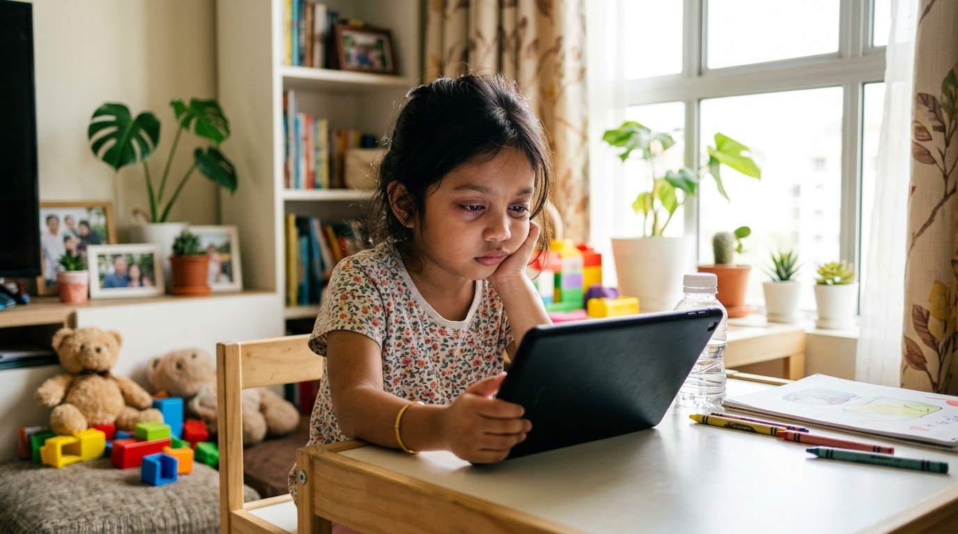 Kanak-kanak terlalu fokus pada tablet dalam suasana rumah yang cerah