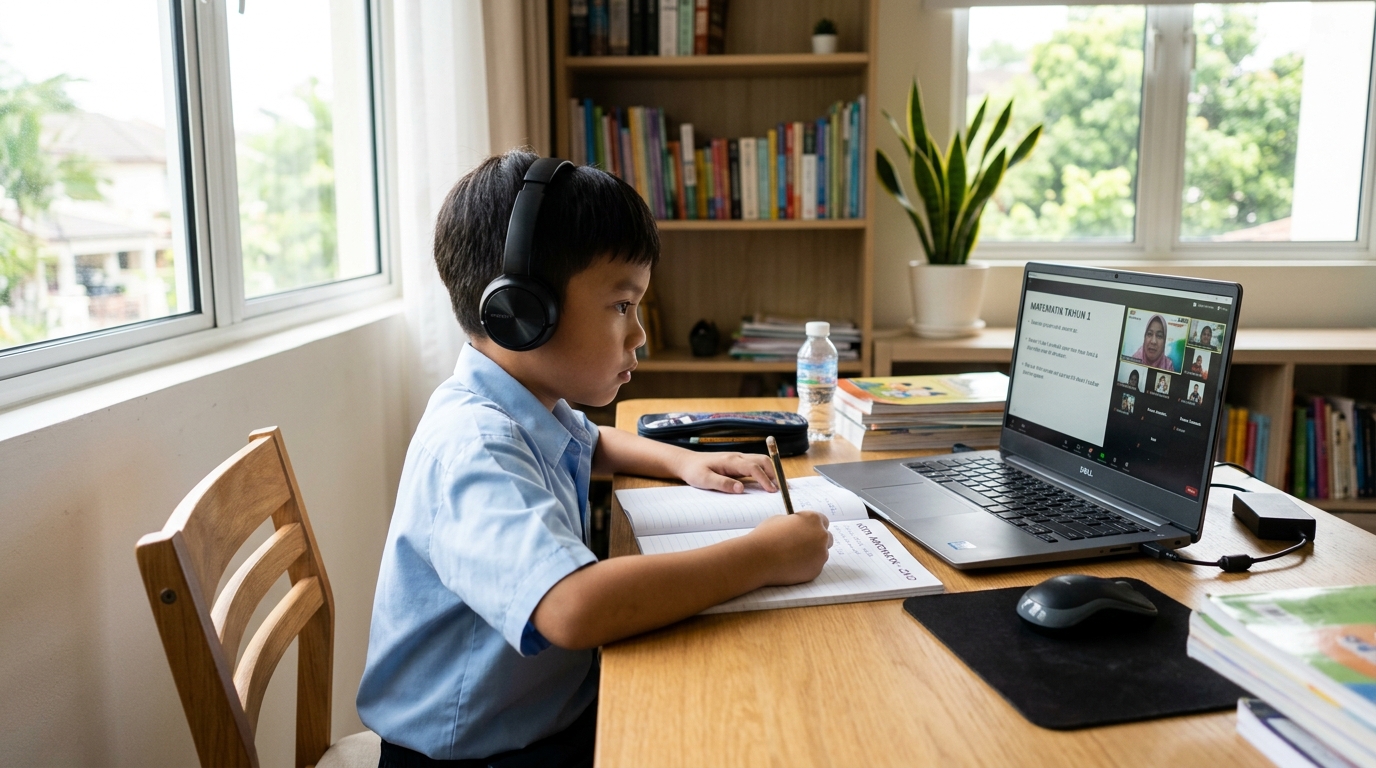 Kanak-kanak mengikuti kelas online dengan fokus di ruang belajar yang kemas