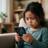 Close-up wajah anak Asia yang terlalu fokus pada telefon dengan ekspresi tegang dan penat.