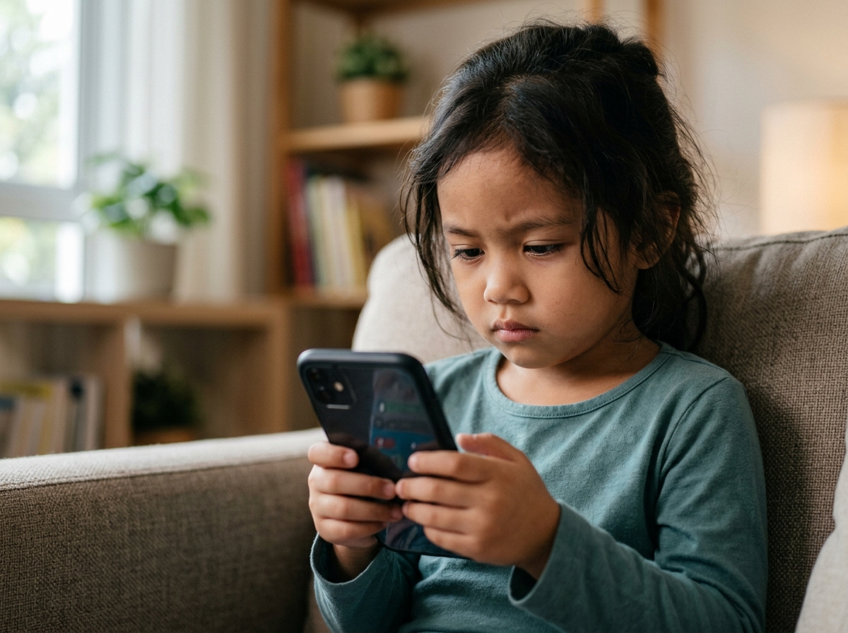 Close-up wajah anak Asia yang terlalu fokus pada telefon dengan ekspresi tegang dan penat.