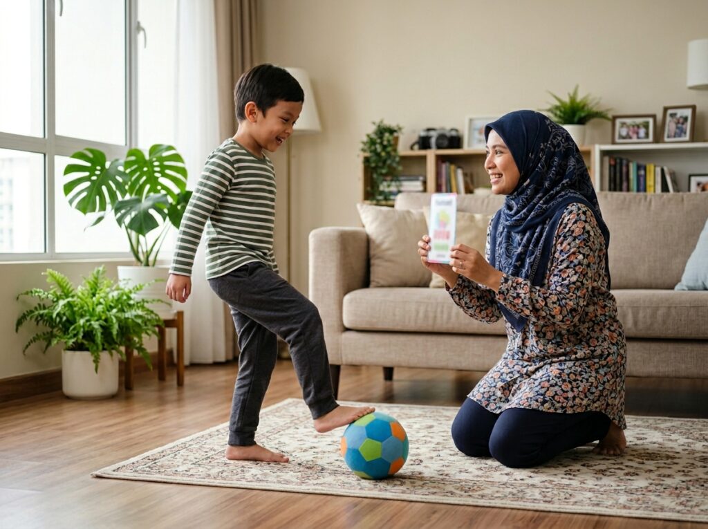 Anak Asia membaca kad perkataan sebelum menyepak bola kecil di rumah bersama ibu bapa.