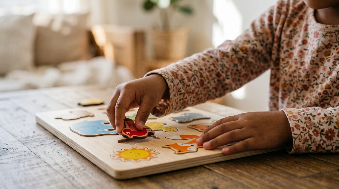 Close-up tangan anak Asia bermain puzzle atau menyusun kad aktiviti tanpa skrin di atas meja.
