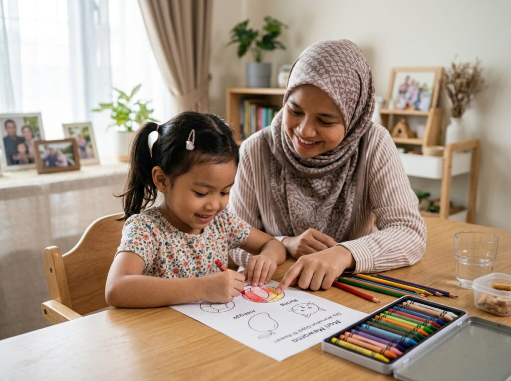 Anak Asia mewarnakan objek mudah pada helaian aktiviti sambil ibu bapa memberi galakan dengan tenang.