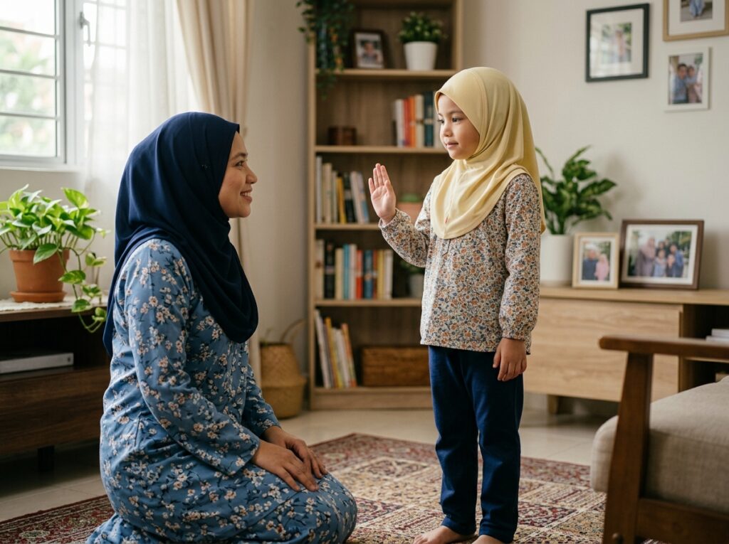 Anak Asia menunjukkan bahasa badan yang tenang apabila menjaga ruang dirinya, manakala ibu bapa memberi sokongan dengan lembut.