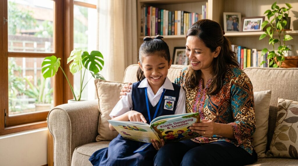 Ibu membaca bersama anak sekolah rendah yang semakin yakin membaca