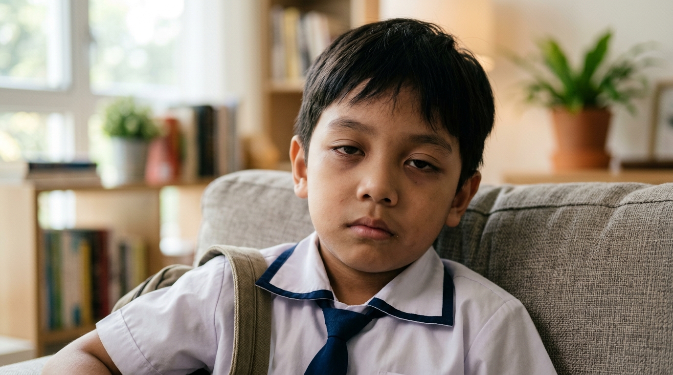 Close-up wajah murid Asia berseragam sekolah yang kelihatan letih dan kurang bertenaga selepas pulang dari sekolah.