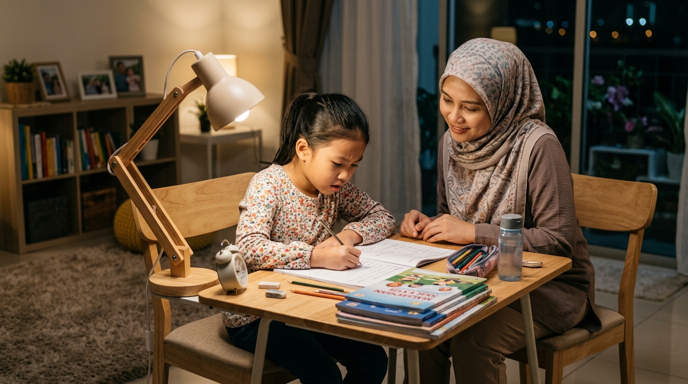 Anak Asia menyiapkan kerja sekolah dengan tergesa-gesa di meja belajar pada waktu malam, manakala ibu bapa membantu dengan tenang.