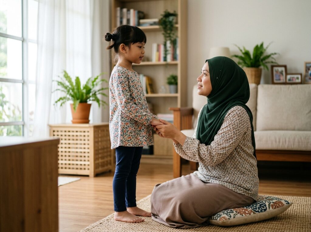Anak Asia bercakap dengan yakin kepada ibu bapa apabila berasa tidak selesa, manakala ibu bapa mendengar dengan tenang.