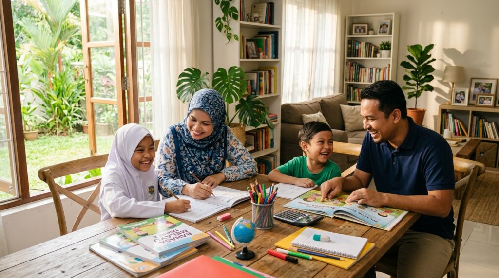Keluarga belajar bersama dalam suasana rumah yang positif dan cerah