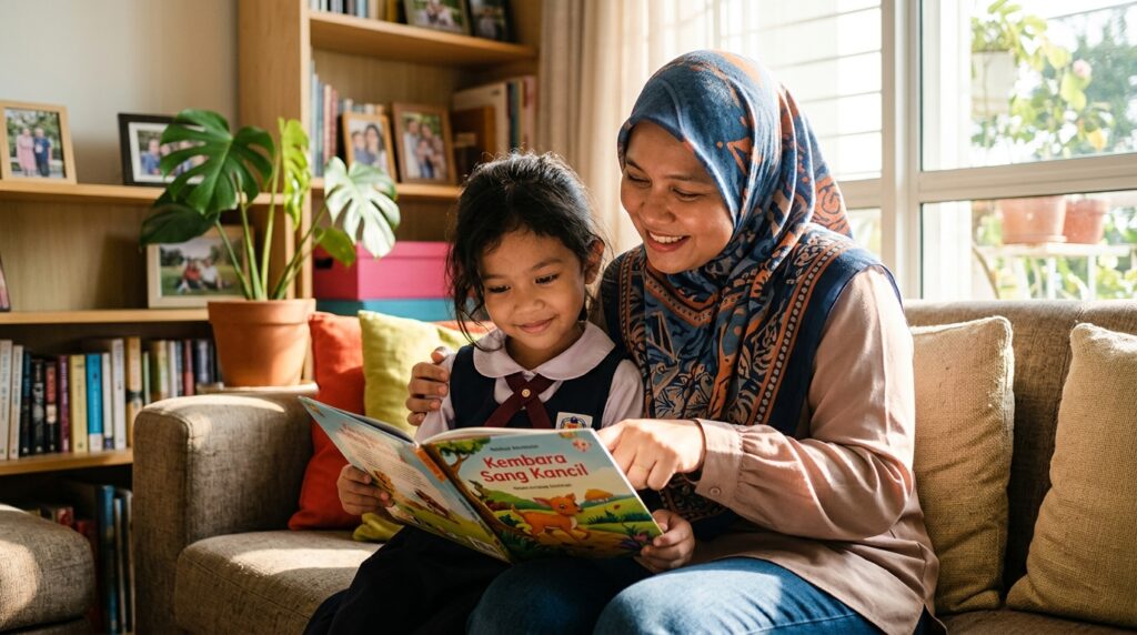 Ibu memberi sokongan kepada anak yang sedang membaca dengan yakin
