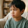 Close-up wajah anak Asia yang mencebik dan menolak secara halus apabila diminta melakukan sesuatu.