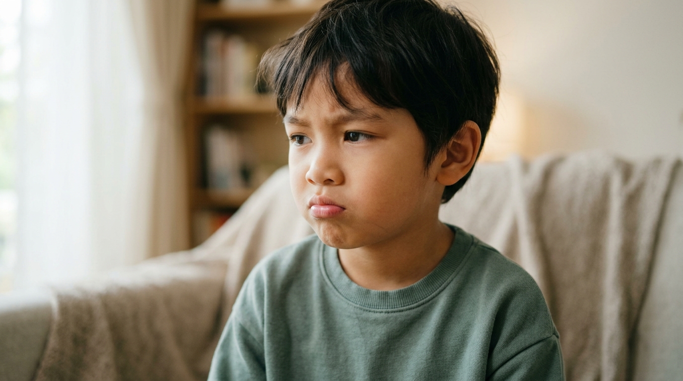 Close-up wajah anak Asia yang mencebik dan menolak secara halus apabila diminta melakukan sesuatu.