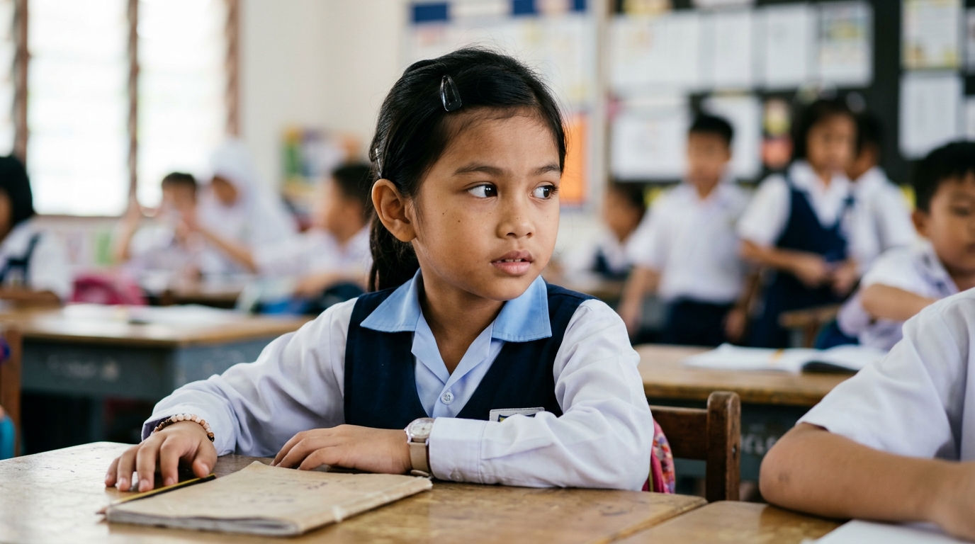 Close-up wajah murid Asia berseragam sekolah yang kelihatan malu, berhati-hati dan memandang ke arah rakan di luar bingkai.