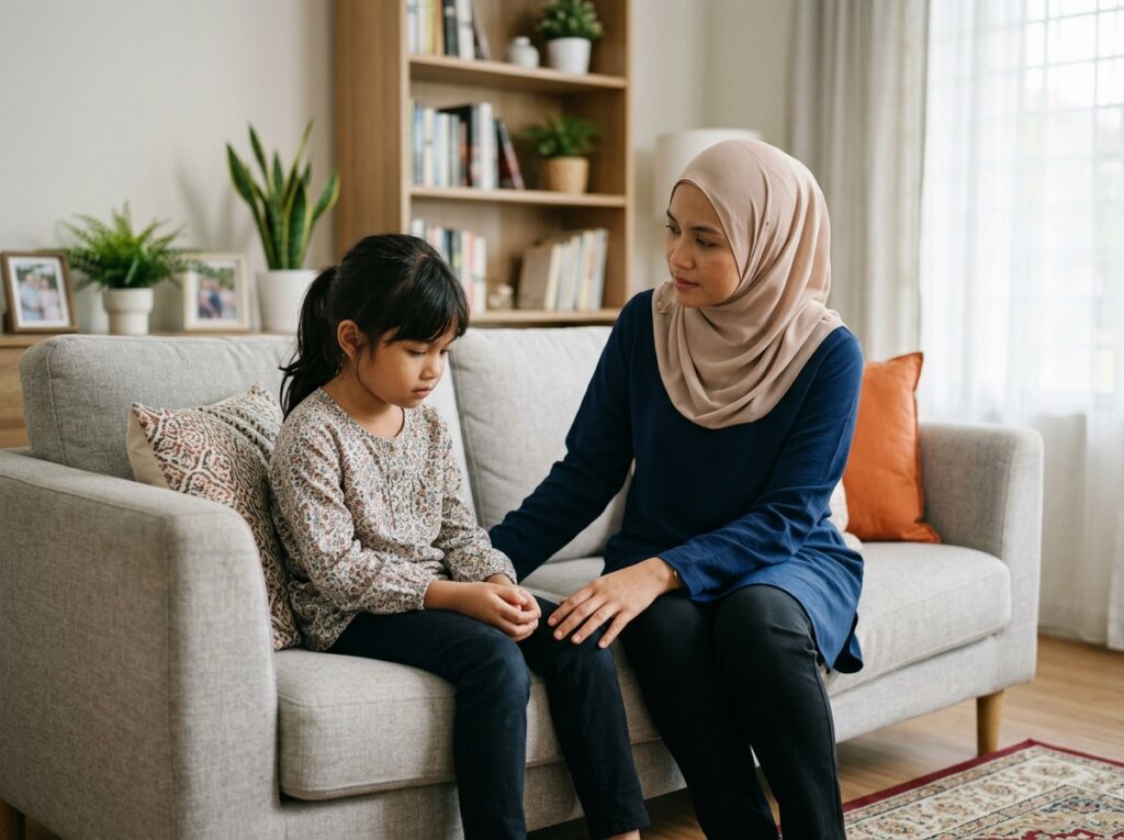 Anak Asia duduk diam di sofa dengan wajah murung, ibu bapa duduk berhampiran dan cuba memahami keadaan anak.