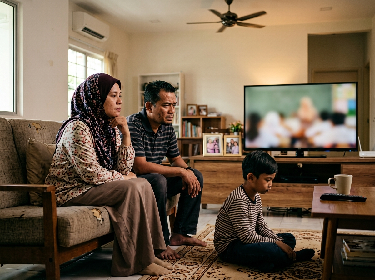 Ibu bapa Asia menonton drama bertema sekolah di ruang tamu sambil memandang anak dengan rasa prihatin.