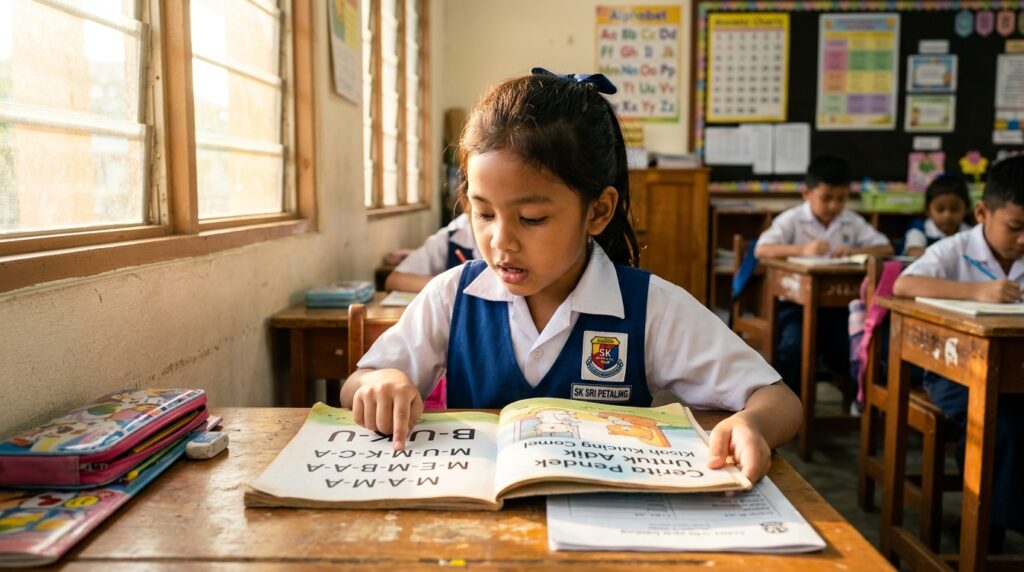 Kanak-kanak sekolah rendah membaca perlahan sambil mengeja setiap perkataan