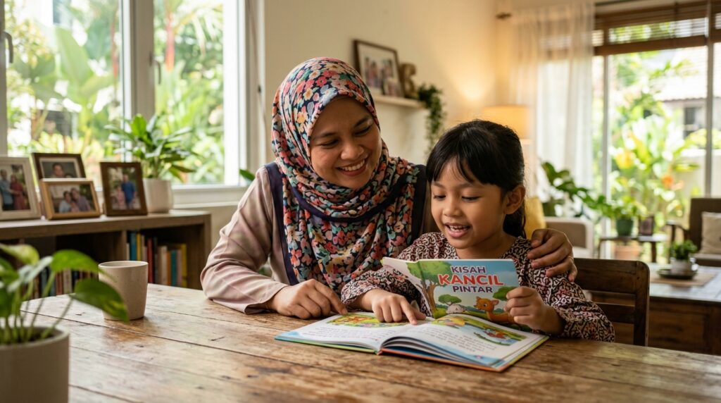 Ibu memberi sokongan kepada anak yang semakin yakin membaca