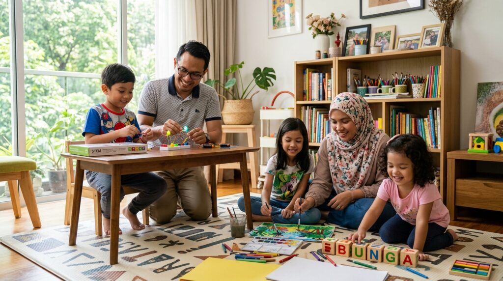 Keluarga melakukan aktiviti pembelajaran dan permainan bersama di rumah