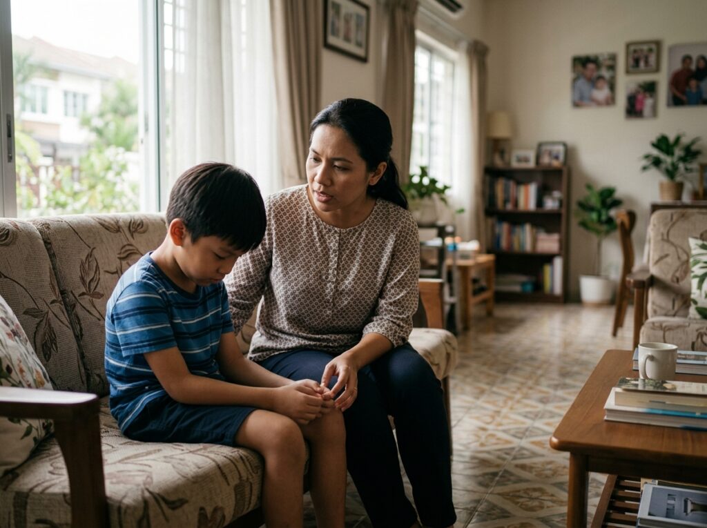Anak Asia memandang ke bawah dan tidak banyak respon ketika ibu bapa bercakap serius di hadapannya.