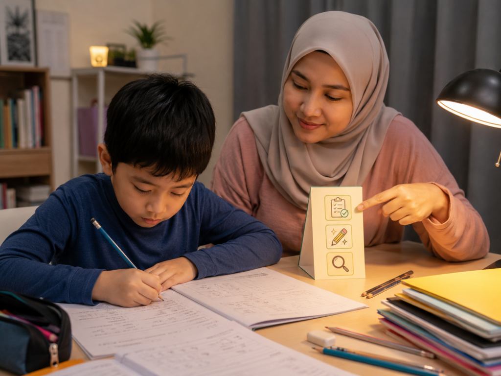 Anak Asia buat kerja sekolah lewat malam, ibu bapa tenang membantu semak semula dengan checklist ringkas sebelum siap.