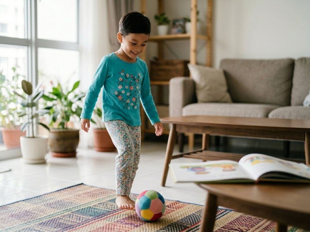 Anak Asia menendang bola kecil dengan gembira, sementara buku bergambar terbuka di tepi tetapi tidak dibaca.
