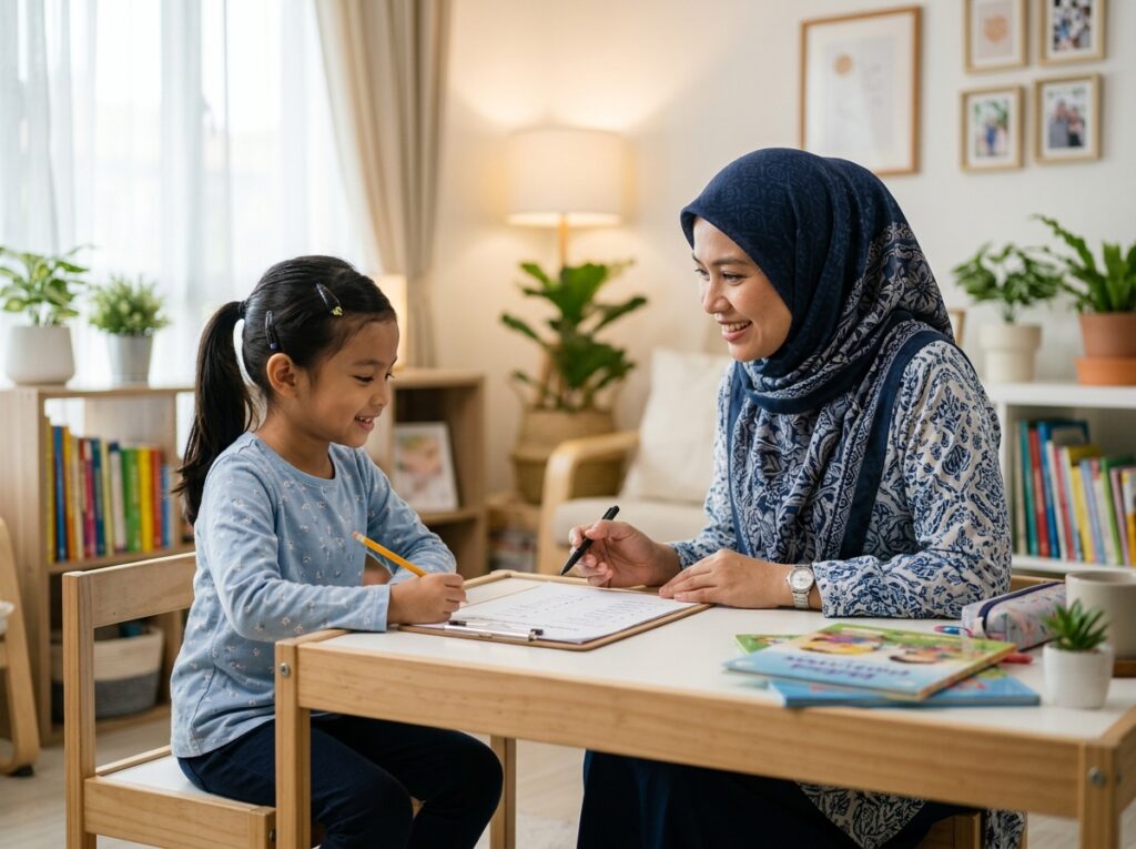 Ibu bapa Asia menyemak checklist membaca bersama anak yang bakal masuk Darjah 1 di meja belajar.