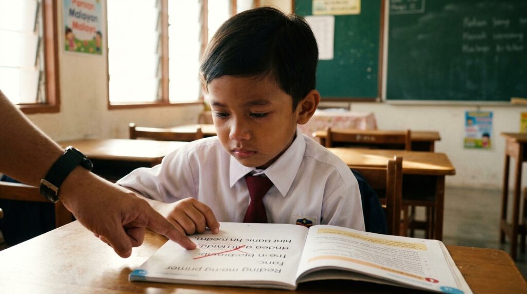 Kanak-kanak kelihatan sedih selepas ditegur ketika membaca