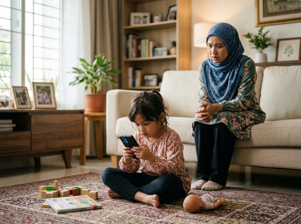 Anak Asia terlalu fokus pada telefon di ruang tamu rumah, manakala ibu bapa memerhati dengan wajah prihatin.