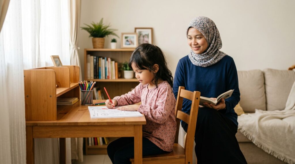 Anak Asia duduk tenang dan fokus di meja belajar dengan ibu bapa memantau secara lembut di rumah.