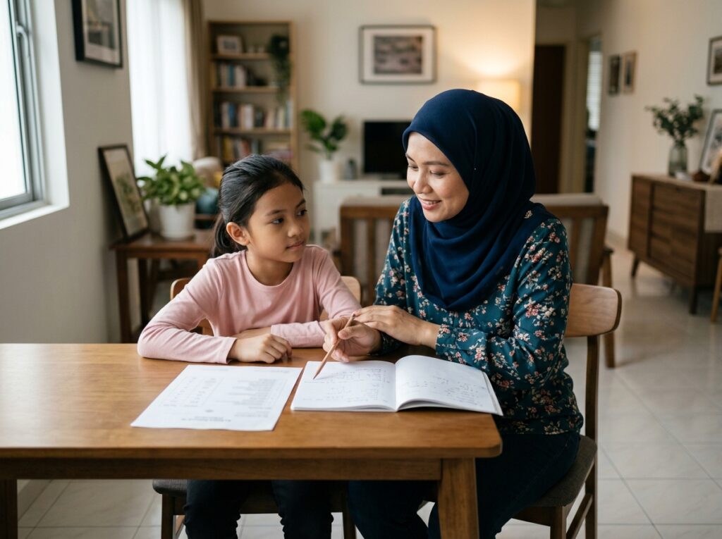 Ibu bapa Asia duduk bersama anak sambil melihat kertas keputusan dan berbincang dengan tenang tentang langkah penambahbaikan.