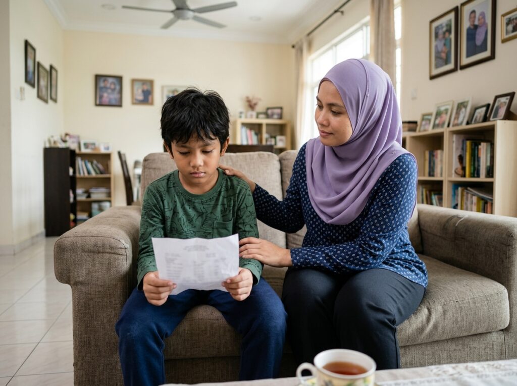 Anak Asia memegang kertas keputusan peperiksaan dengan wajah sedih, manakala ibu bapa duduk berdekatan dan menenangkan dengan lembut.