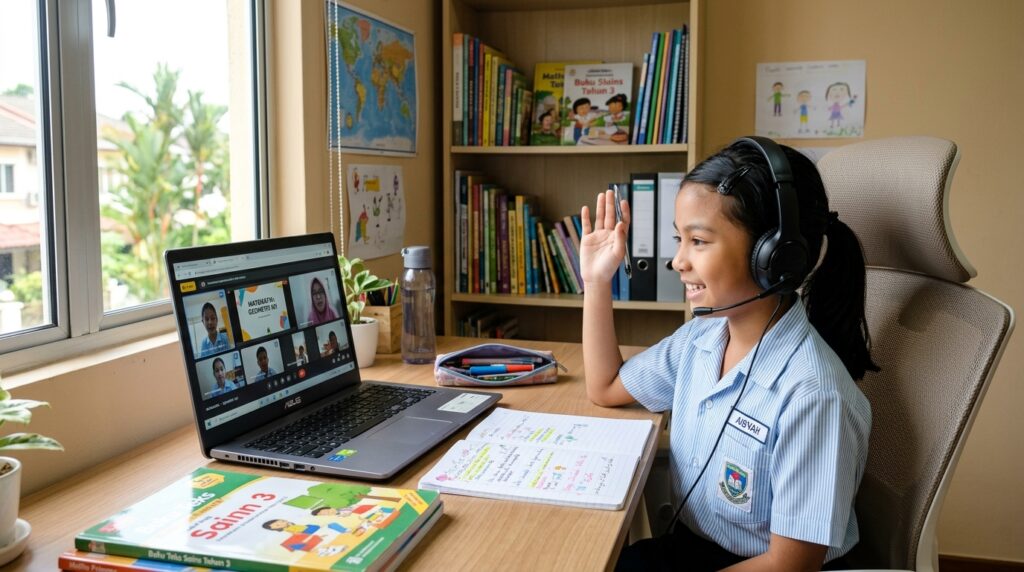 Kanak-kanak mengikuti kelas online dengan fokus dan ceria